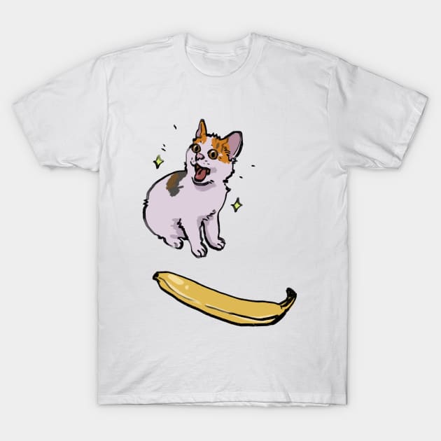 angry cat no banana meme but it's happy cat yes banana instead T-Shirt by mudwizard